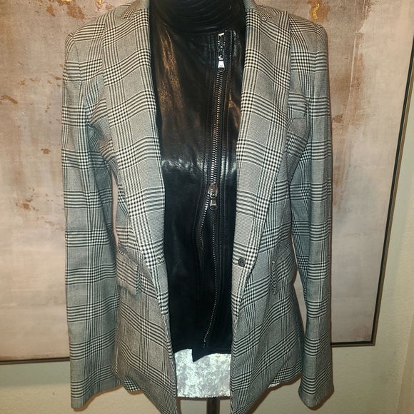 Veronica Beard Black Leather, Plaid Print Blazer Timeless Sophistication - Picture 3 of 11